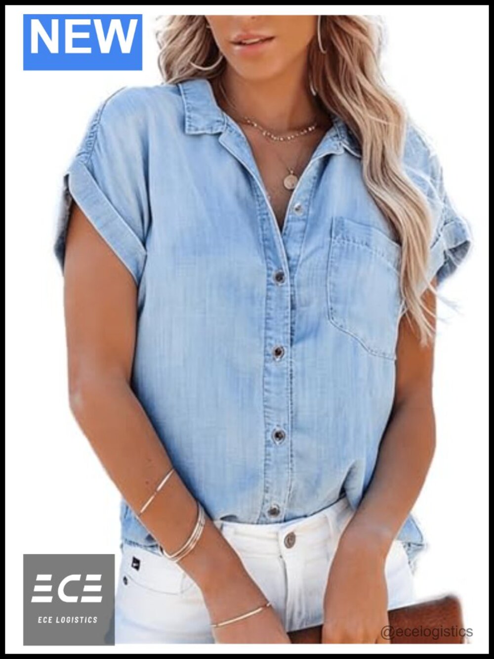 Womens Short Sleeve Denim Button Down Shirt Cotton Blend Chambray Top